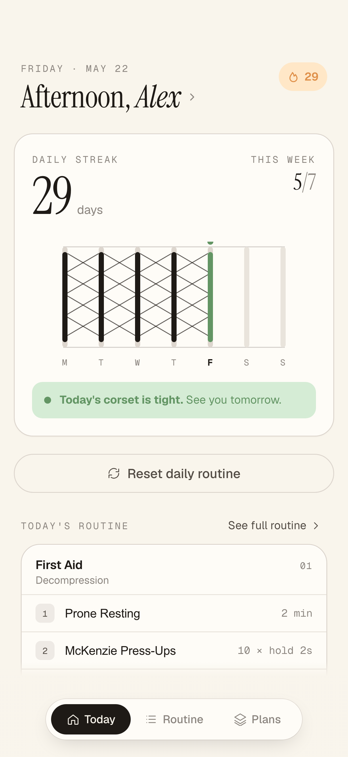 Corset home screen with daily streak and weekly progress