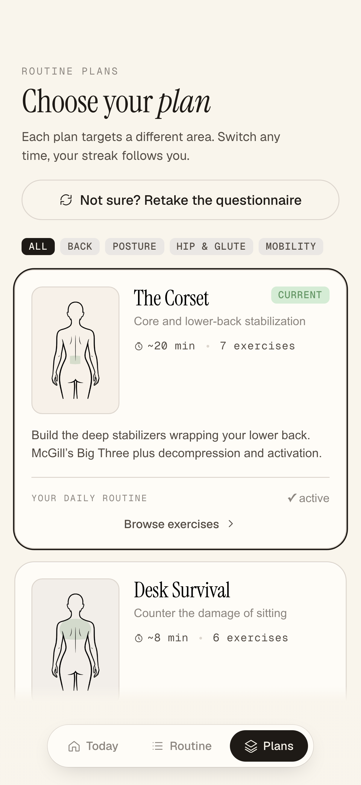 Plan library for back, hips, and posture