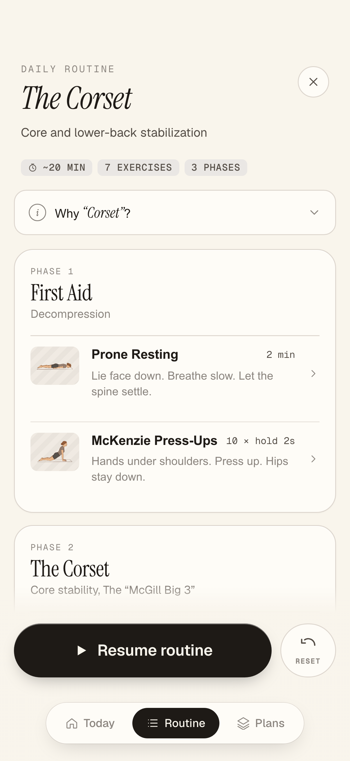 Daily routine with exercise list