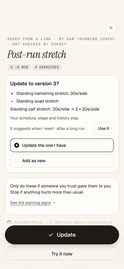Corset opens the new link as 'Update to version 3?': a hamstring stretch added, the quad stretch removed, the calf stretch now 2 × 20s a side, with Update the one I have selected.